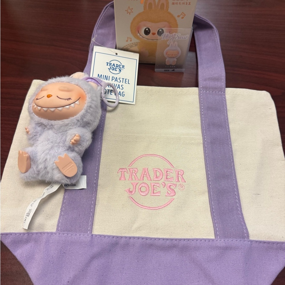 Authentic Trader Joe’s purple Canvas Tote Bag with Labubu have a seat zizi